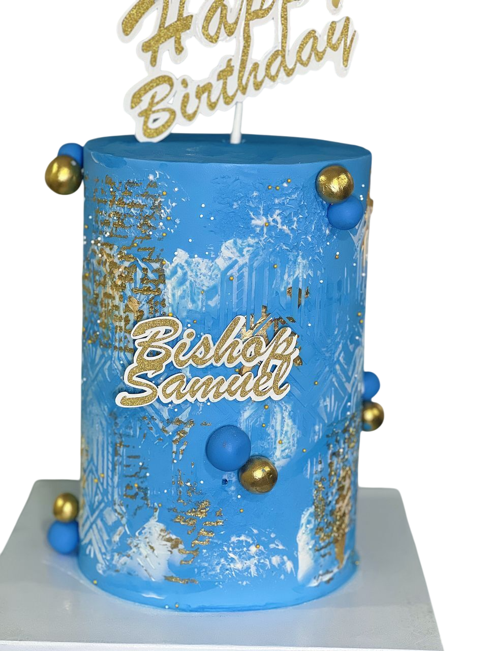 Vibrant Royal Blue Birthday Cake With Abstract White And Gold Splatters, Gold Sprinkles, Blue And Gold Spheres