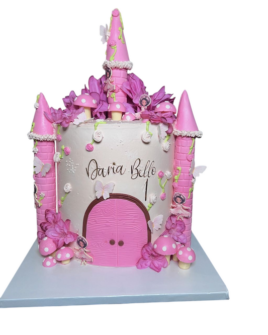 Enchanted Pink Princess Castle 1st Birthday Cake With Turrets, Flowers, Butterflies